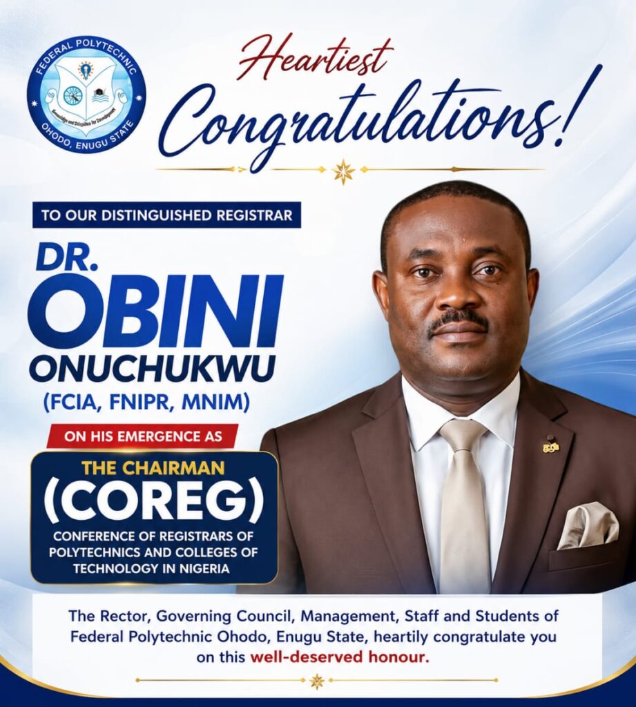 FEDERAL POLYTECHNIC OHODO CONGRATULATES ITS REGISTRAR ON HIS EMERGENCE AS CHAIRMAN OF COREG
